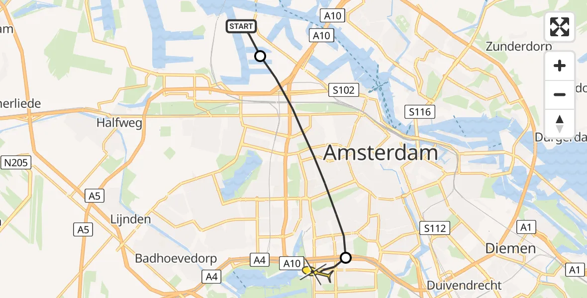 Routekaart van de vlucht: Lifeliner 1 naar VU Medisch Centrum Amsterdam