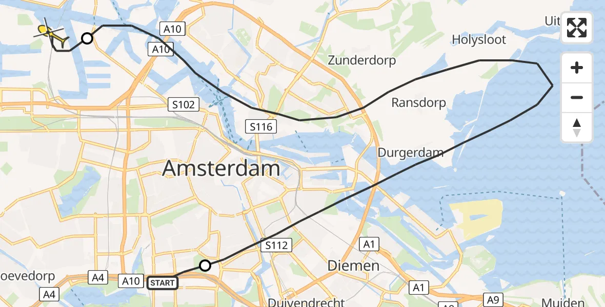 Routekaart van de vlucht: Lifeliner 1 naar Amsterdam Heliport