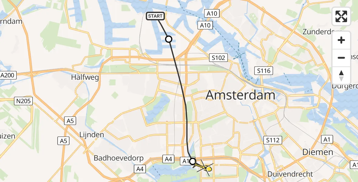 Routekaart van de vlucht: Lifeliner 1 naar VU Medisch Centrum Amsterdam