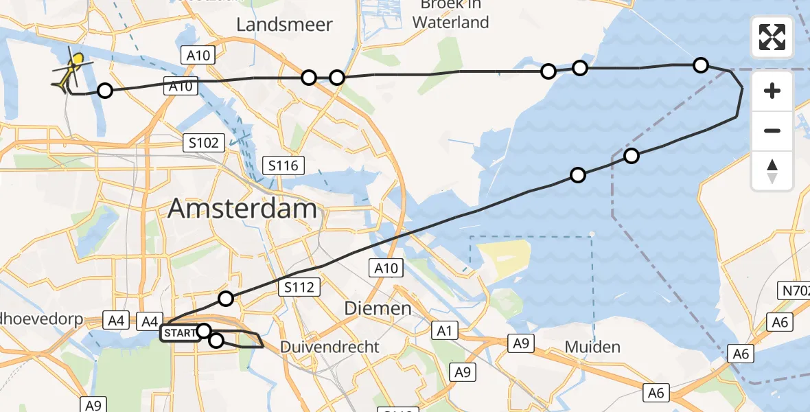 Routekaart van de vlucht: Lifeliner 1 naar Amsterdam Heliport