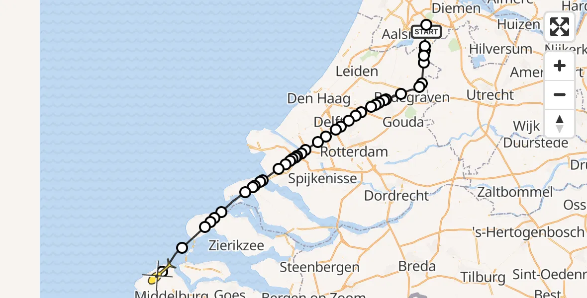 Routekaart van de vlucht: Politieheli naar Oostkapelle