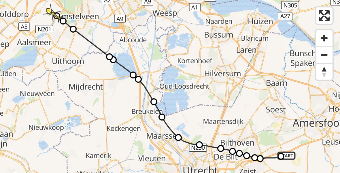 Routekaart van de vlucht: Politieheli naar Schiphol