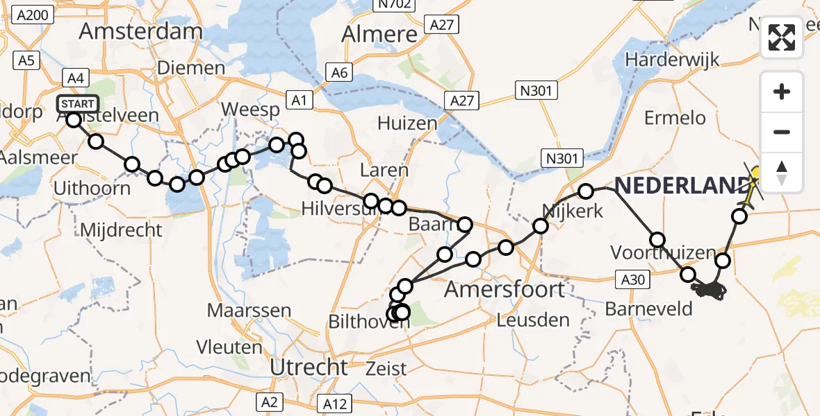 Routekaart van de vlucht: Politieheli naar Uddel