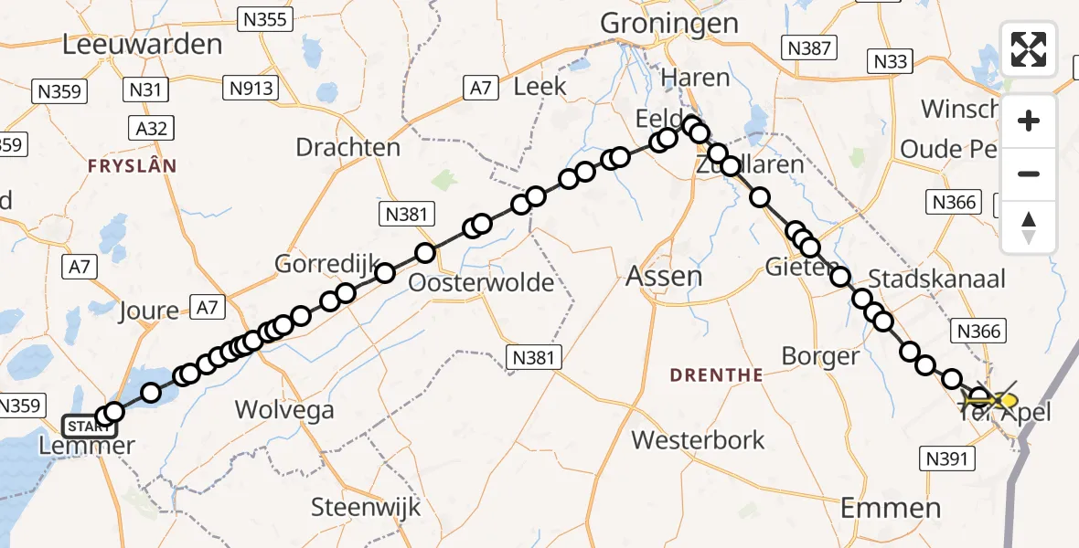 Routekaart van de vlucht: Lifeliner 4 naar Ter Apel