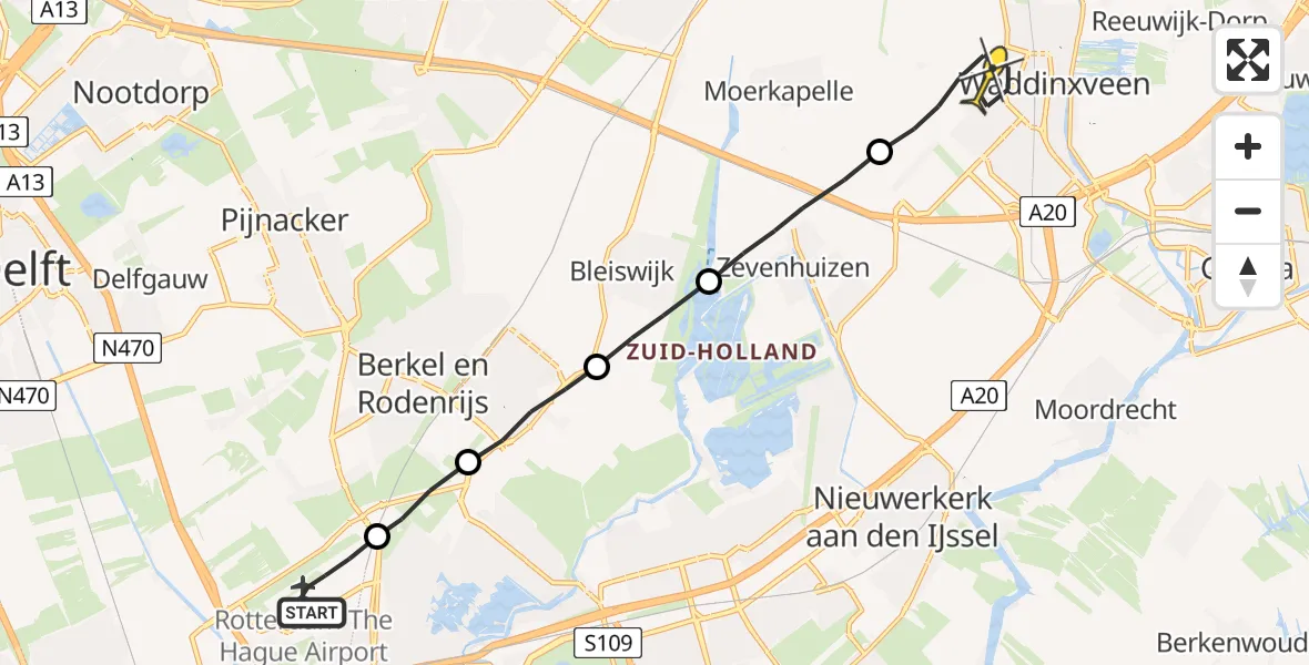 Routekaart van de vlucht: Lifeliner 2 naar Waddinxveen