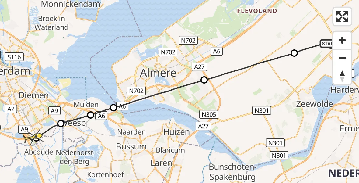 Routekaart van de vlucht: Lifeliner 1 naar Academisch Medisch Centrum (AMC)