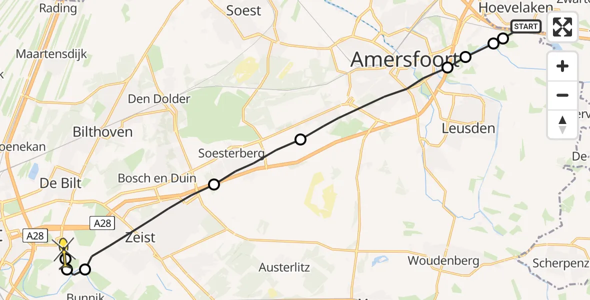 Routekaart van de vlucht: Lifeliner 1 naar Universitair Medisch Centrum Utrecht