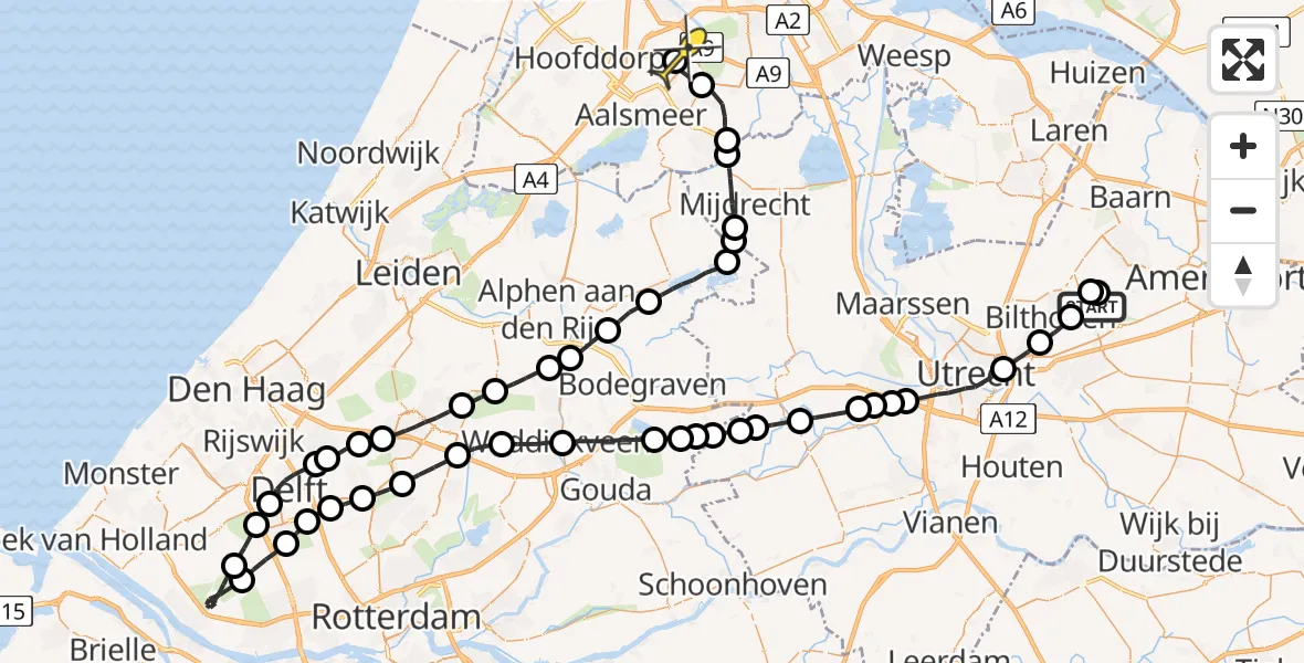 Routekaart van de vlucht: Politieheli naar Schiphol