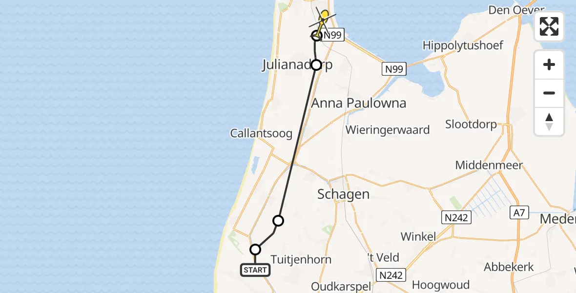 Routekaart van de vlucht: Politieheli naar Vliegveld De Kooy