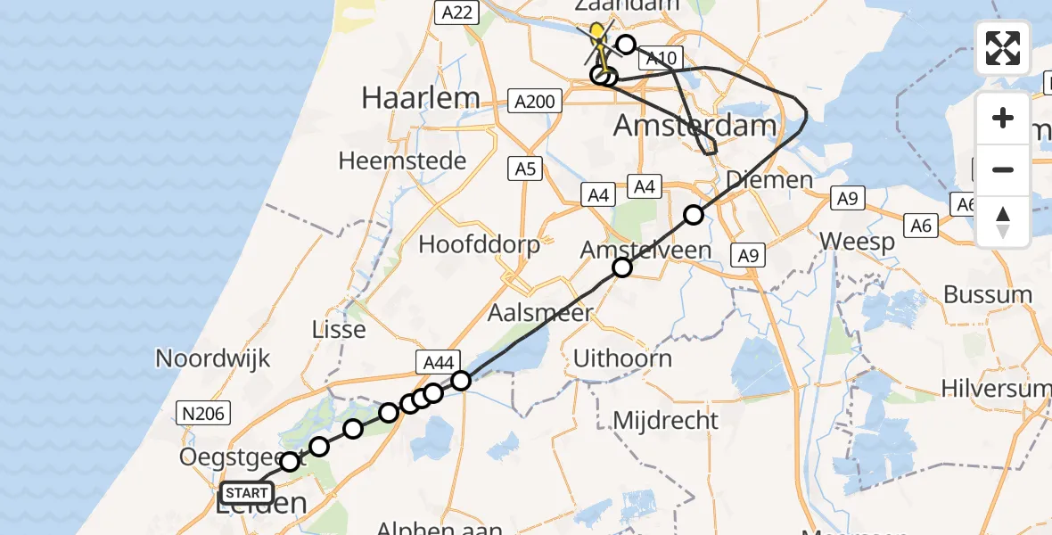 Routekaart van de vlucht: Lifeliner 1 naar Amsterdam Heliport