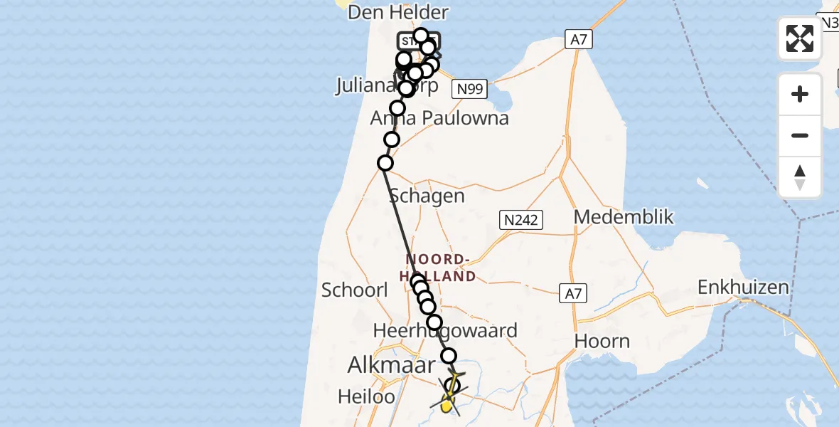 Routekaart van de vlucht: Politiehelikopter naar Stompetoren