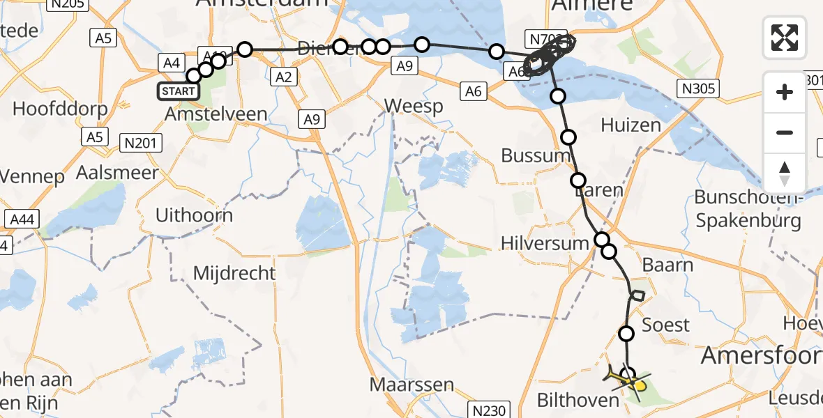Routekaart van de vlucht: Politiehelikopter naar Den Dolder