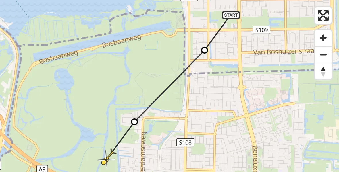 Routekaart van de vlucht: Politieheli naar Amstelveen