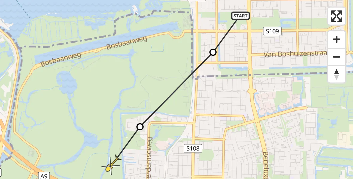 Vluchtroute Politiehelikopter van VU Medisch Centrum Amsterdam naar Amstelveen
