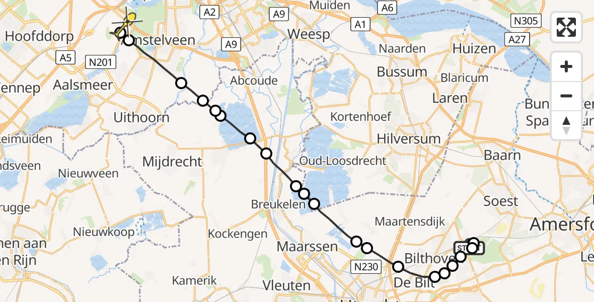 Routekaart van de vlucht: Politieheli naar Schiphol