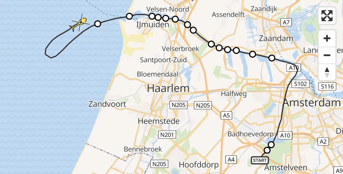 Vluchtroute Politiehelikopter van Schiphol naar 