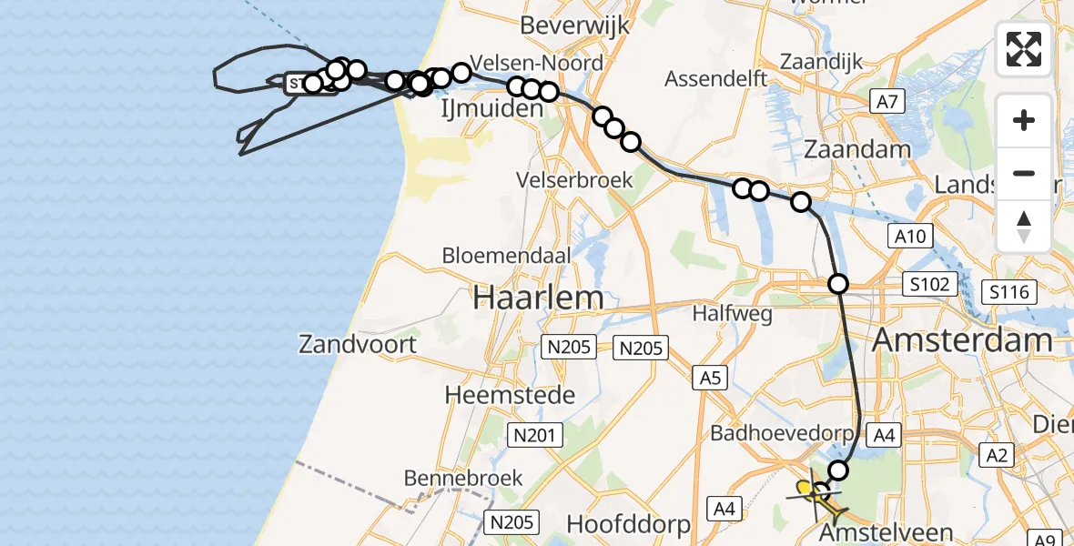 Routekaart van de vlucht: Politieheli naar Schiphol