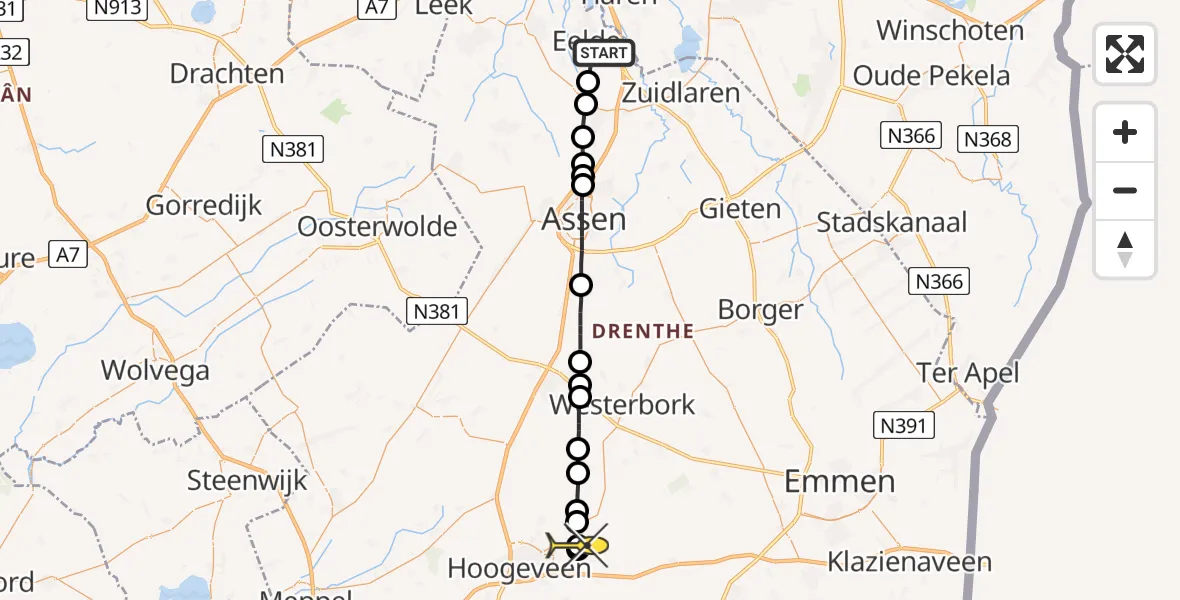 Routekaart van de vlucht: Lifeliner 4 naar Tiendeveen