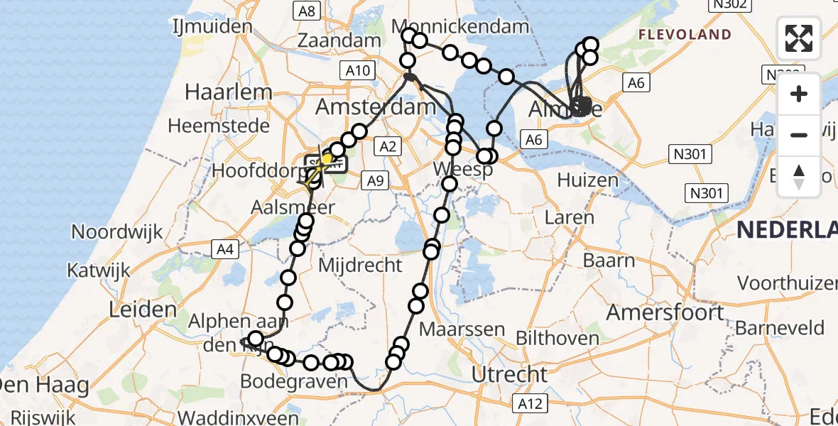 Routekaart van de vlucht: Politieheli naar Schiphol