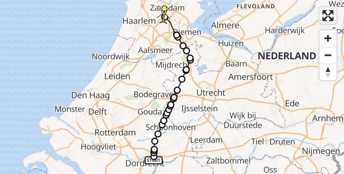 Routekaart van de vlucht: Lifeliner 1 naar Amsterdam Heliport