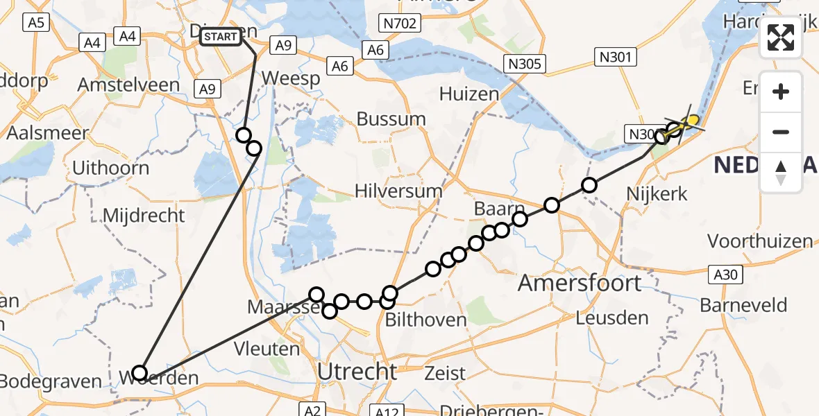 Routekaart van de vlucht: Politieheli naar Zeewolde