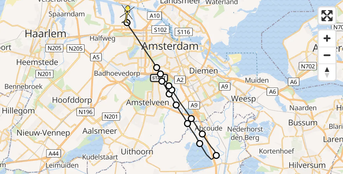 Routekaart van de vlucht: Lifeliner 1 naar Amsterdam Heliport