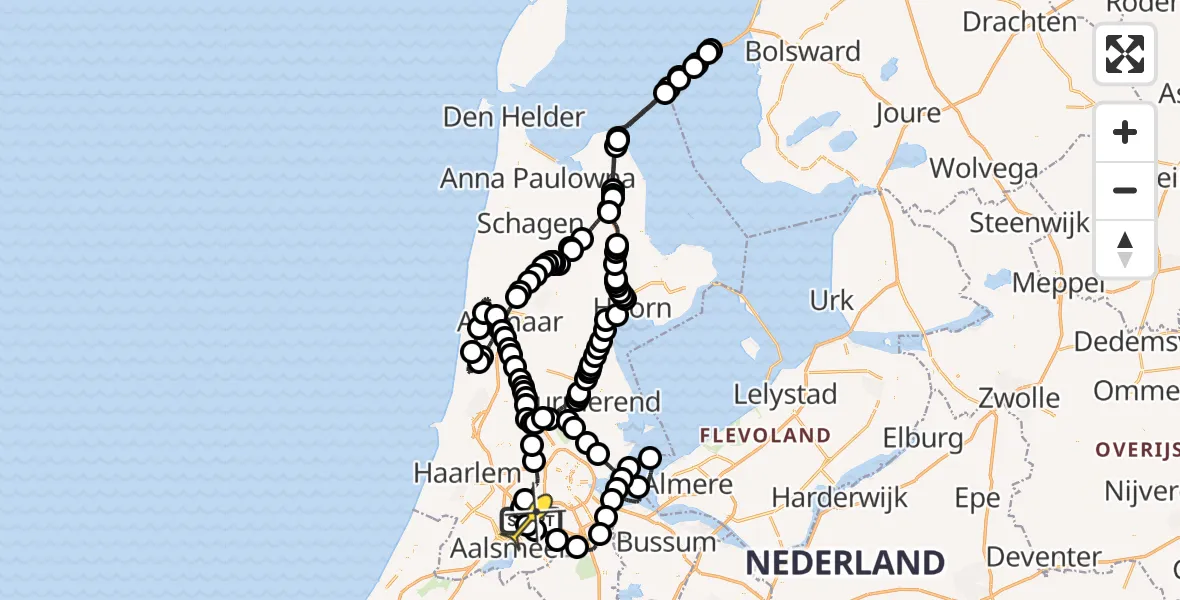 Routekaart van de vlucht: Politieheli naar Schiphol