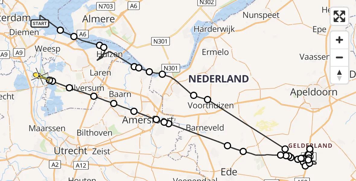 Routekaart van de vlucht: Politieheli naar Loenen aan de Vecht