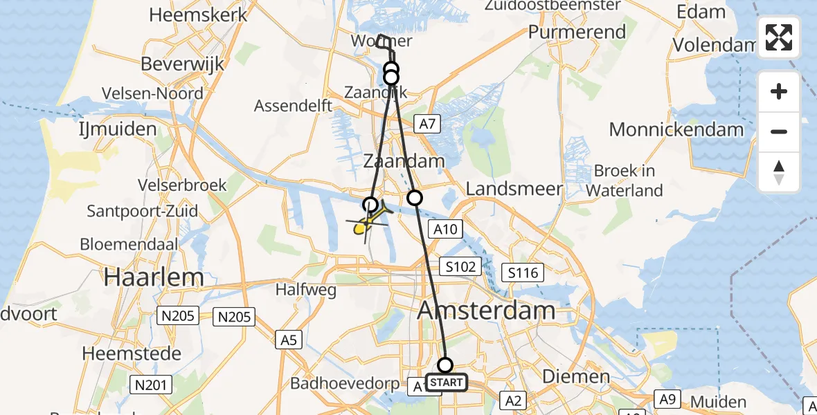 Routekaart van de vlucht: Lifeliner 1 naar Amsterdam Heliport