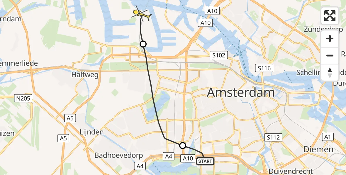 Routekaart van de vlucht: Lifeliner 1 naar Amsterdam Heliport