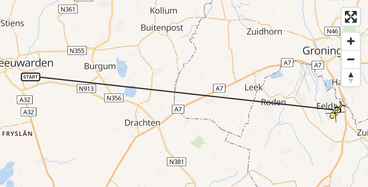 Routekaart van de vlucht: Ambulancehelikopter naar Groningen Airport Eelde