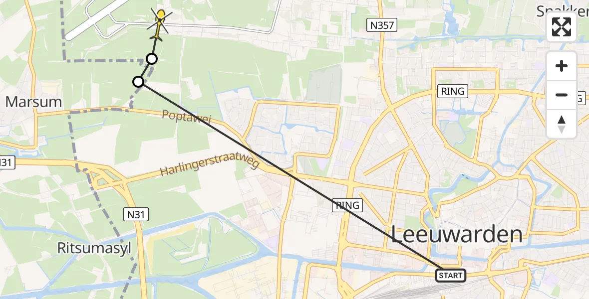 Vluchtroute Ambulancehelikopter van Leeuwarden naar Vliegbasis Leeuwarden