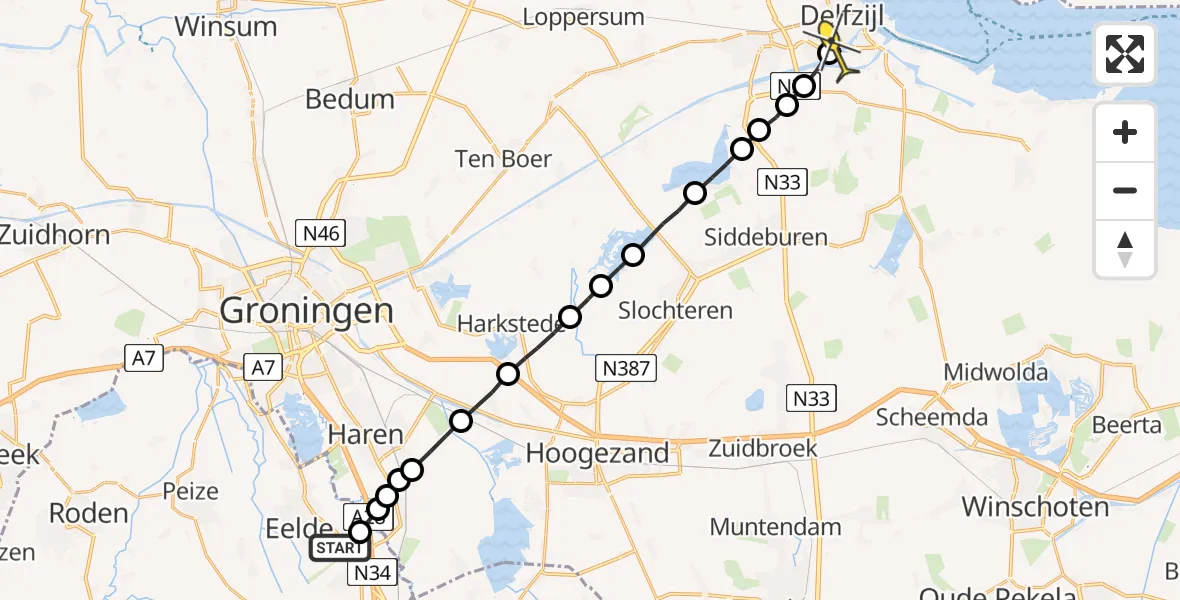 Routekaart van de vlucht: Lifeliner 4 naar Delfzijl