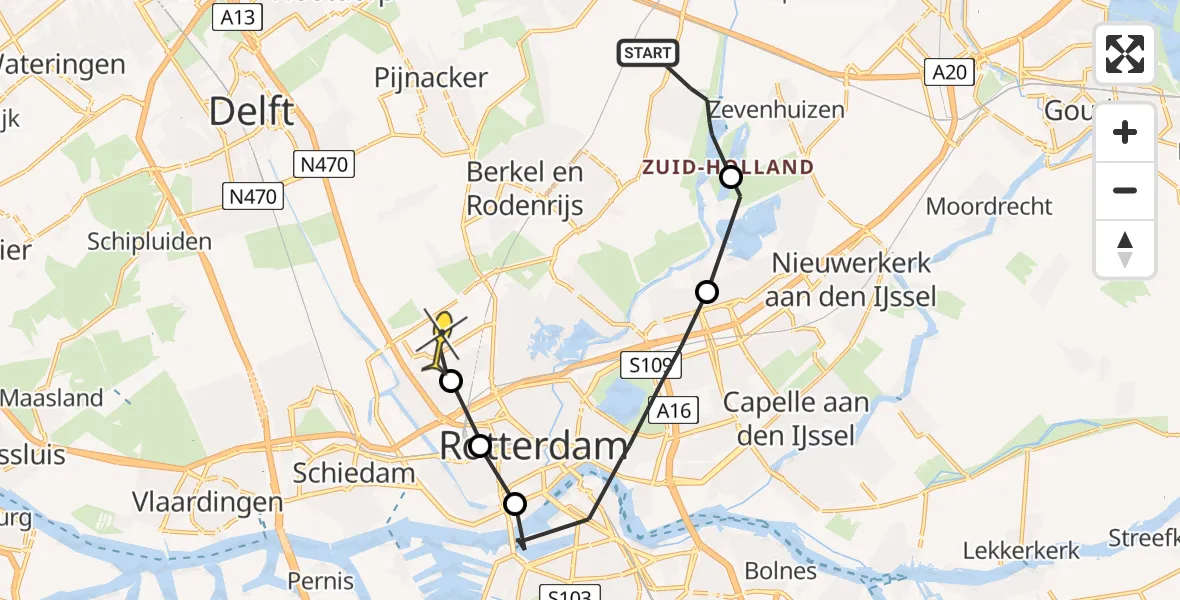 Routekaart van de vlucht: Politieheli naar Rotterdam The Hague Airport