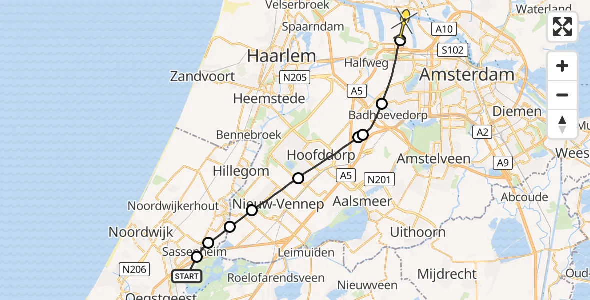 Routekaart van de vlucht: Lifeliner 1 naar Amsterdam Heliport