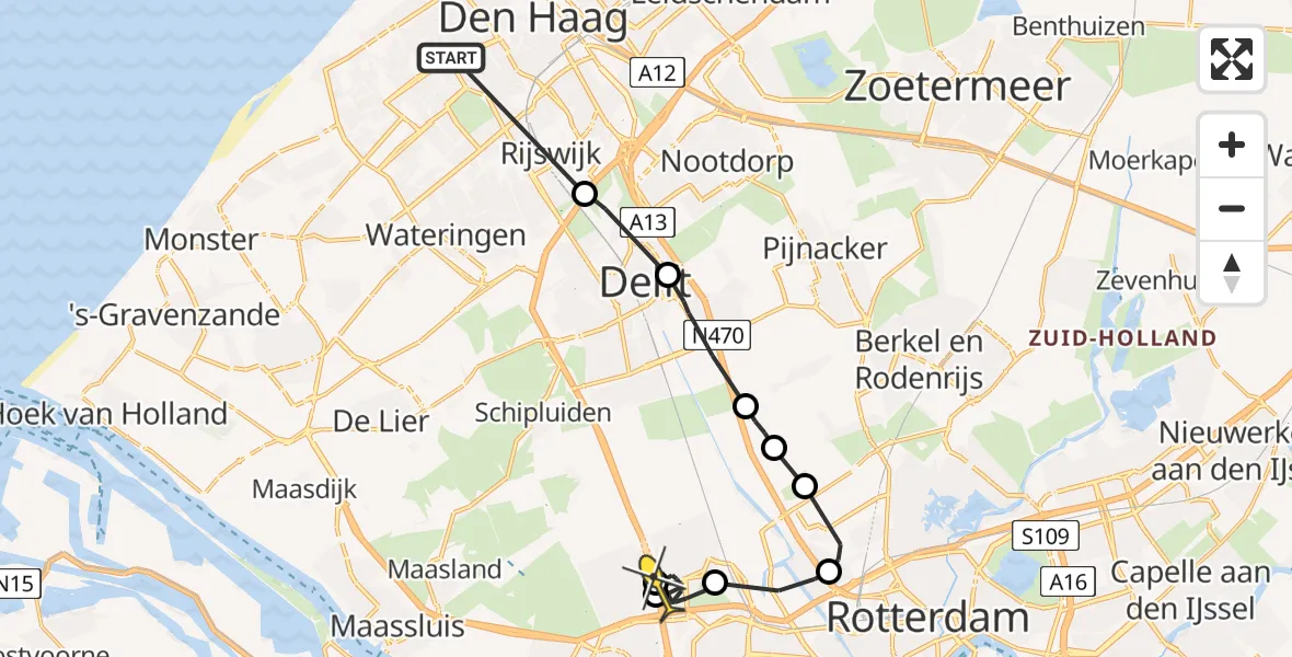 Routekaart van de vlucht: Politieheli naar Schiedam