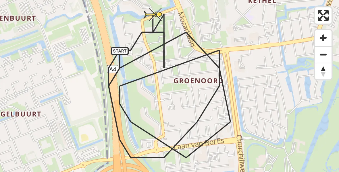 Routekaart van de vlucht: Politiehelikopter naar Schiedam