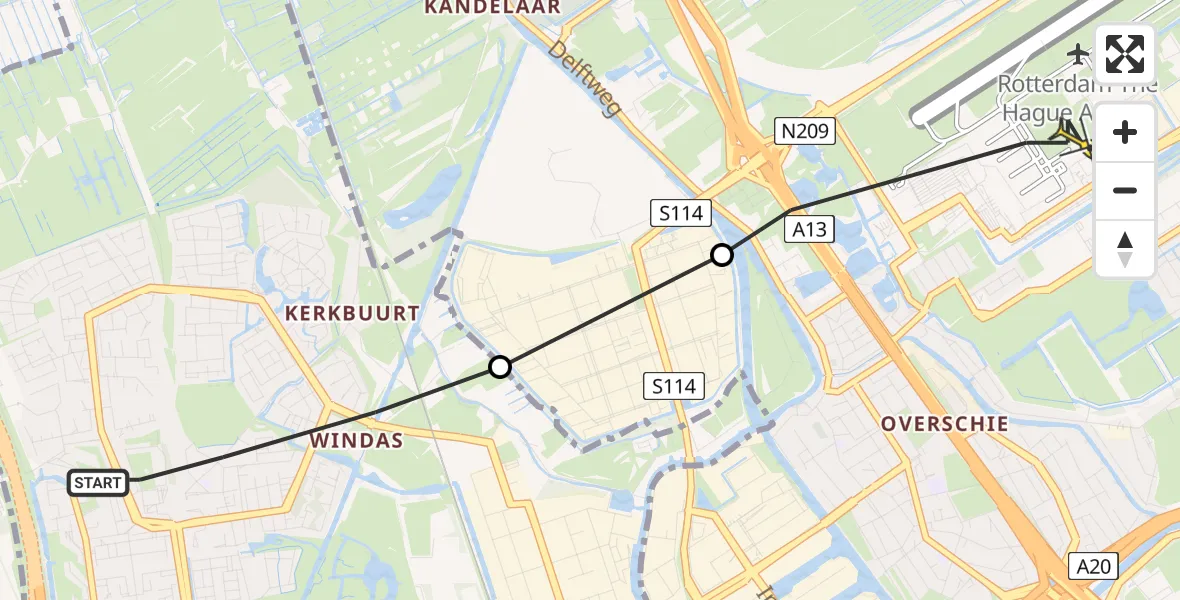 Routekaart van de vlucht: Politieheli naar Rotterdam The Hague Airport