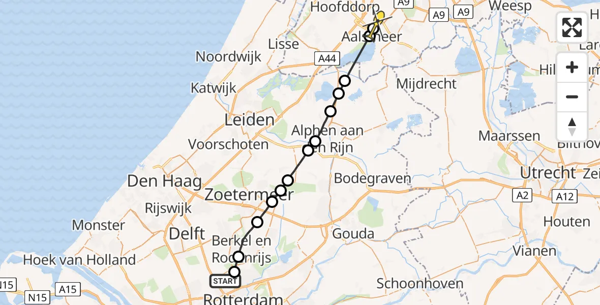 Routekaart van de vlucht: Politieheli naar Schiphol-Rijk