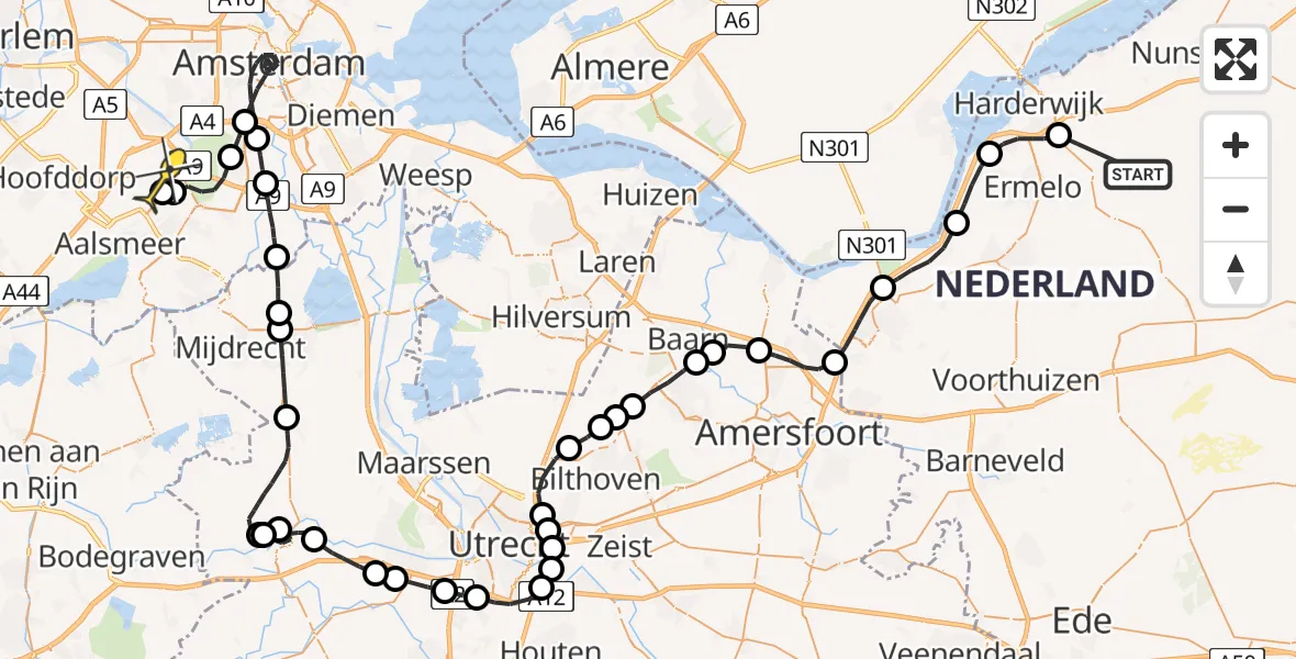 Routekaart van de vlucht: Politieheli naar Schiphol