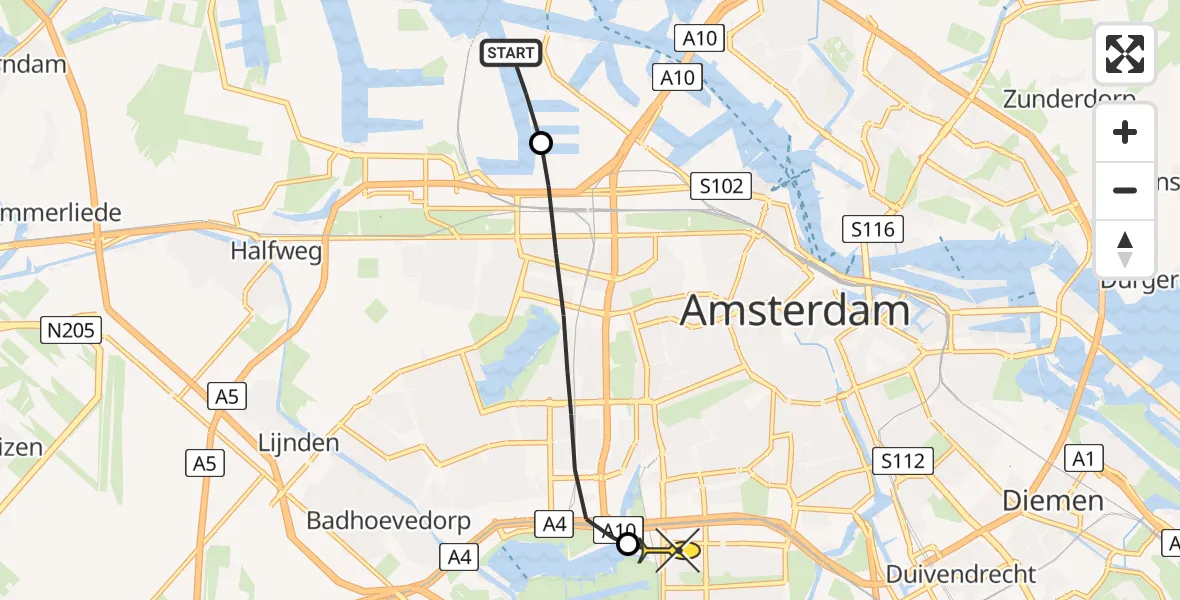 Routekaart van de vlucht: Lifeliner 1 naar VU Medisch Centrum Amsterdam