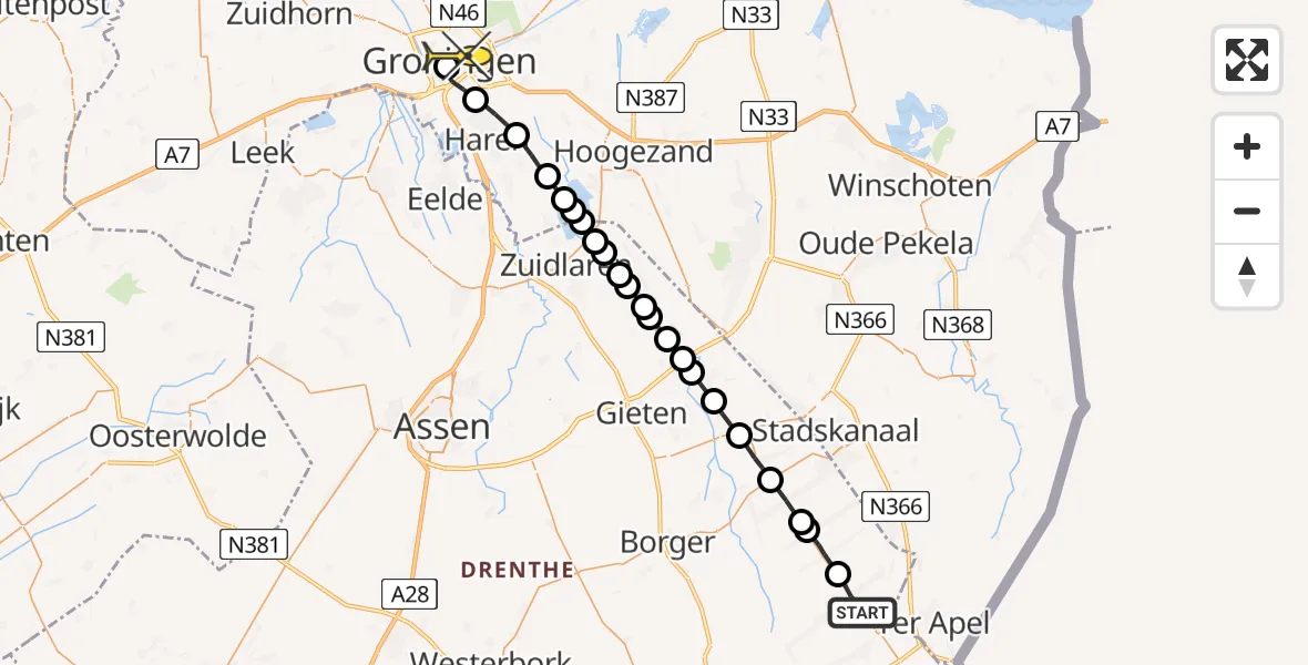 Routekaart van de vlucht: Lifeliner 4 naar Universitair Medisch Centrum Groningen