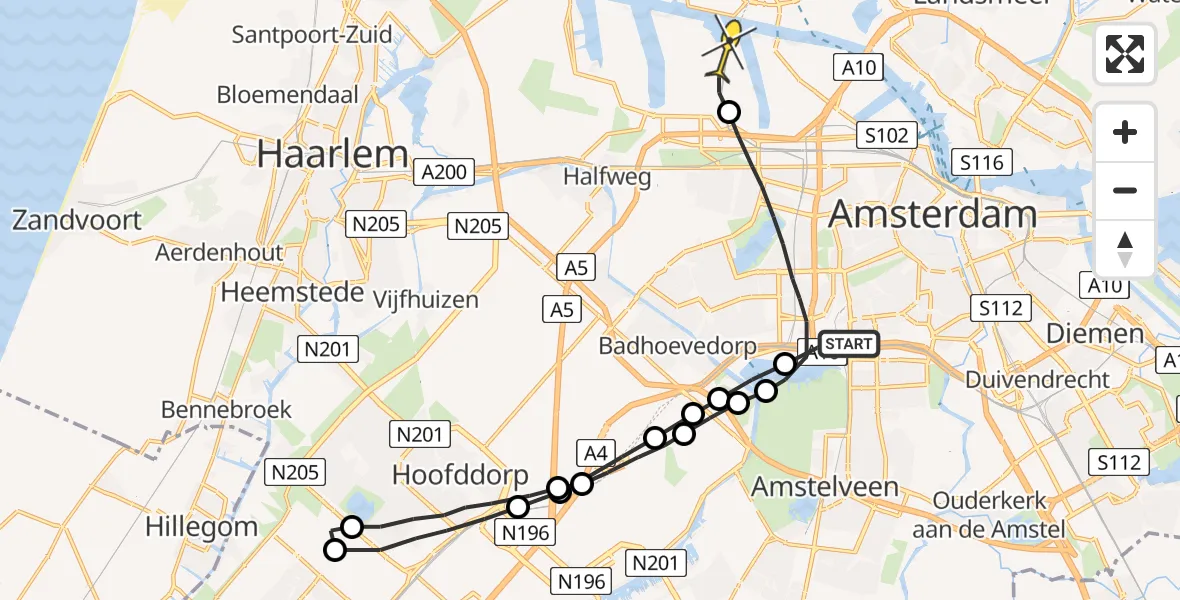 Routekaart van de vlucht: Lifeliner 1 naar Amsterdam Heliport