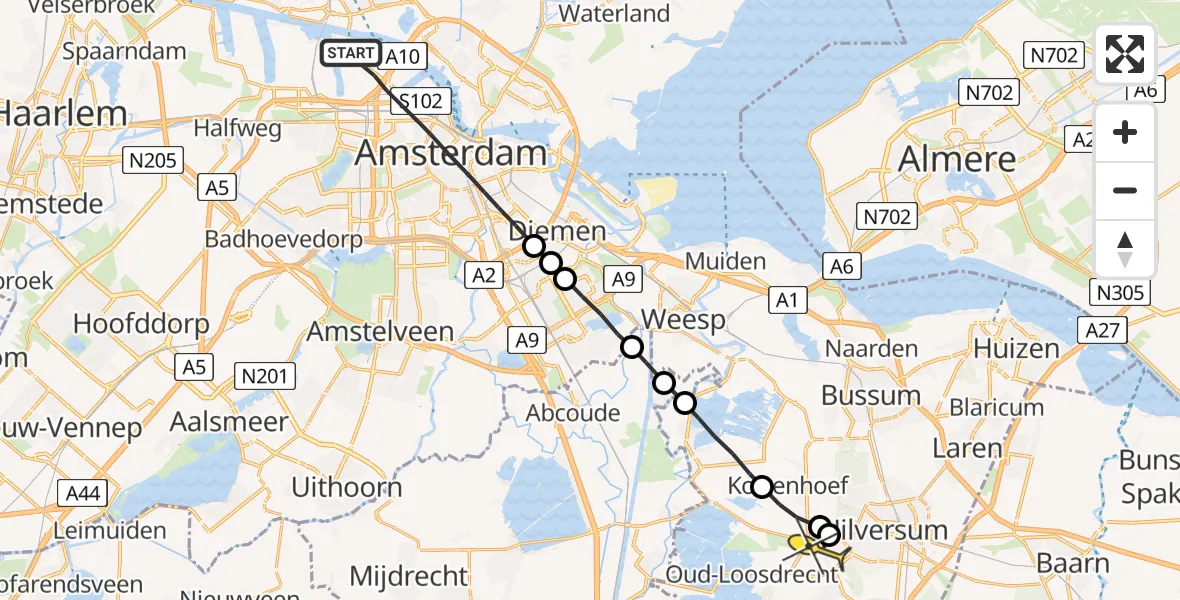 Routekaart van de vlucht: Lifeliner 1 naar Hilversum