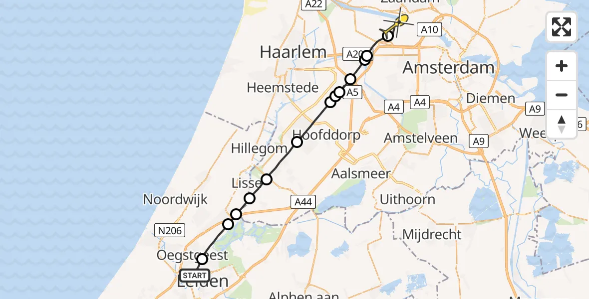 Routekaart van de vlucht: Lifeliner 1 naar Amsterdam Heliport