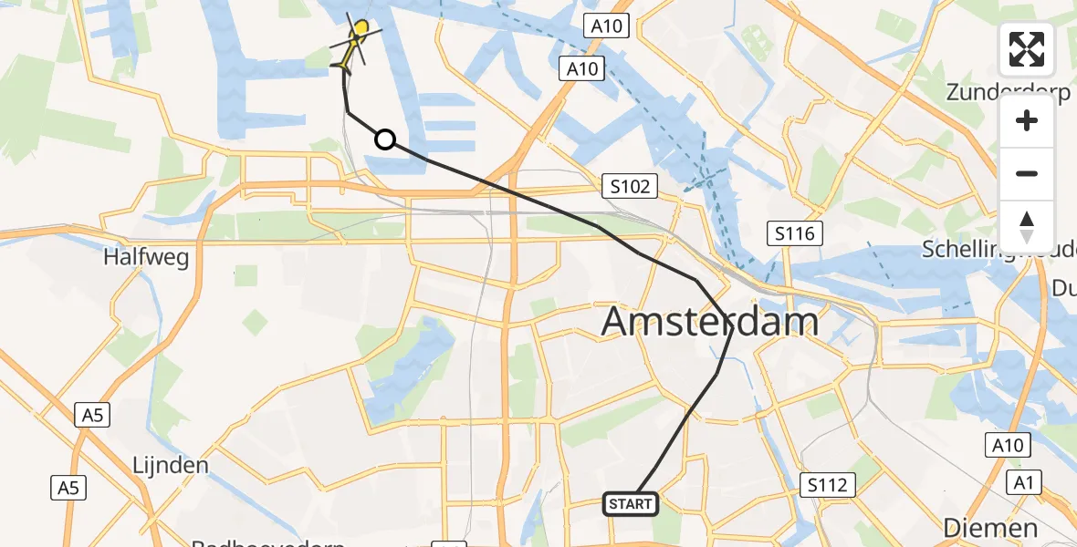 Routekaart van de vlucht: Lifeliner 1 naar Amsterdam Heliport