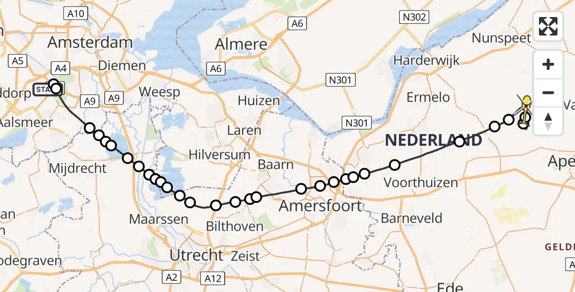 Routekaart van de vlucht: Politiehelikopter naar Elspeet