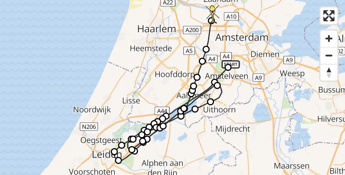 Routekaart van de vlucht: Lifeliner 1 naar Amsterdam Heliport