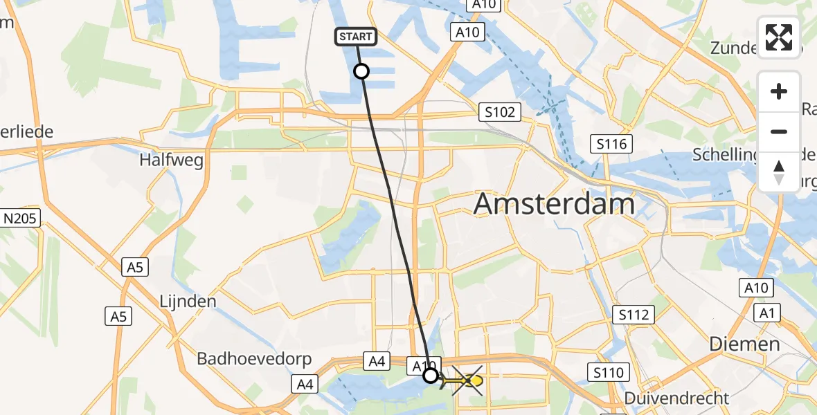 Routekaart van de vlucht: Lifeliner 1 naar VU Medisch Centrum Amsterdam