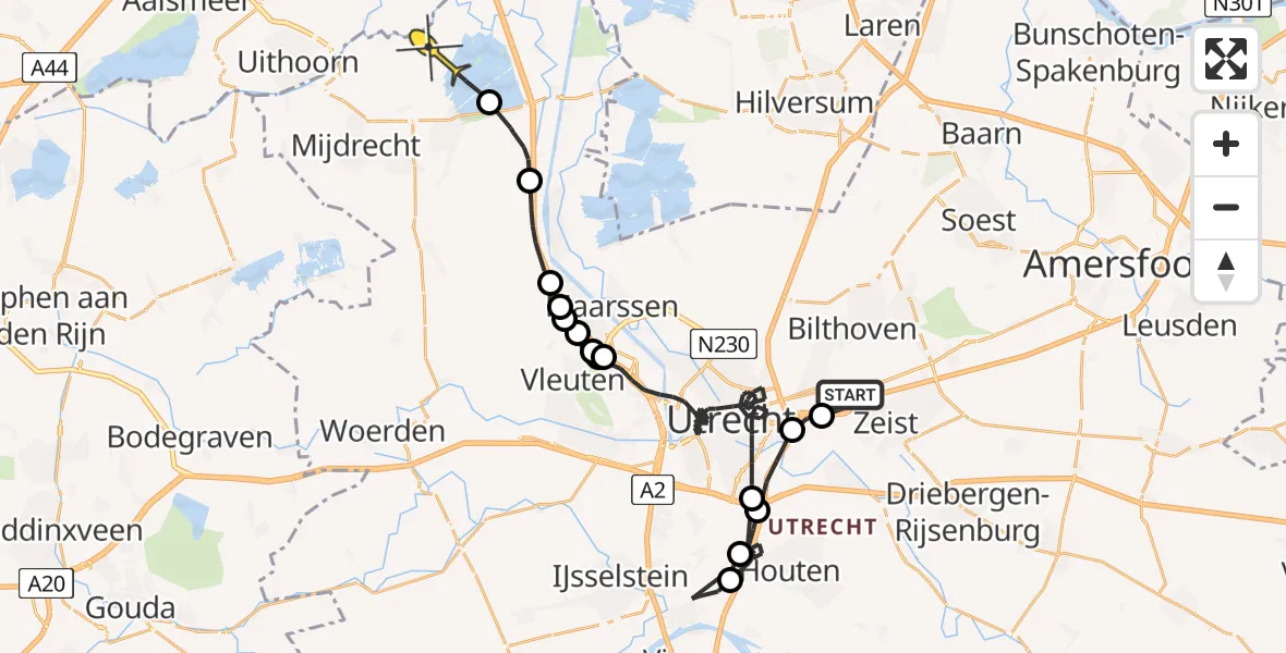 Routekaart van de vlucht: Politiehelikopter naar Waverveen